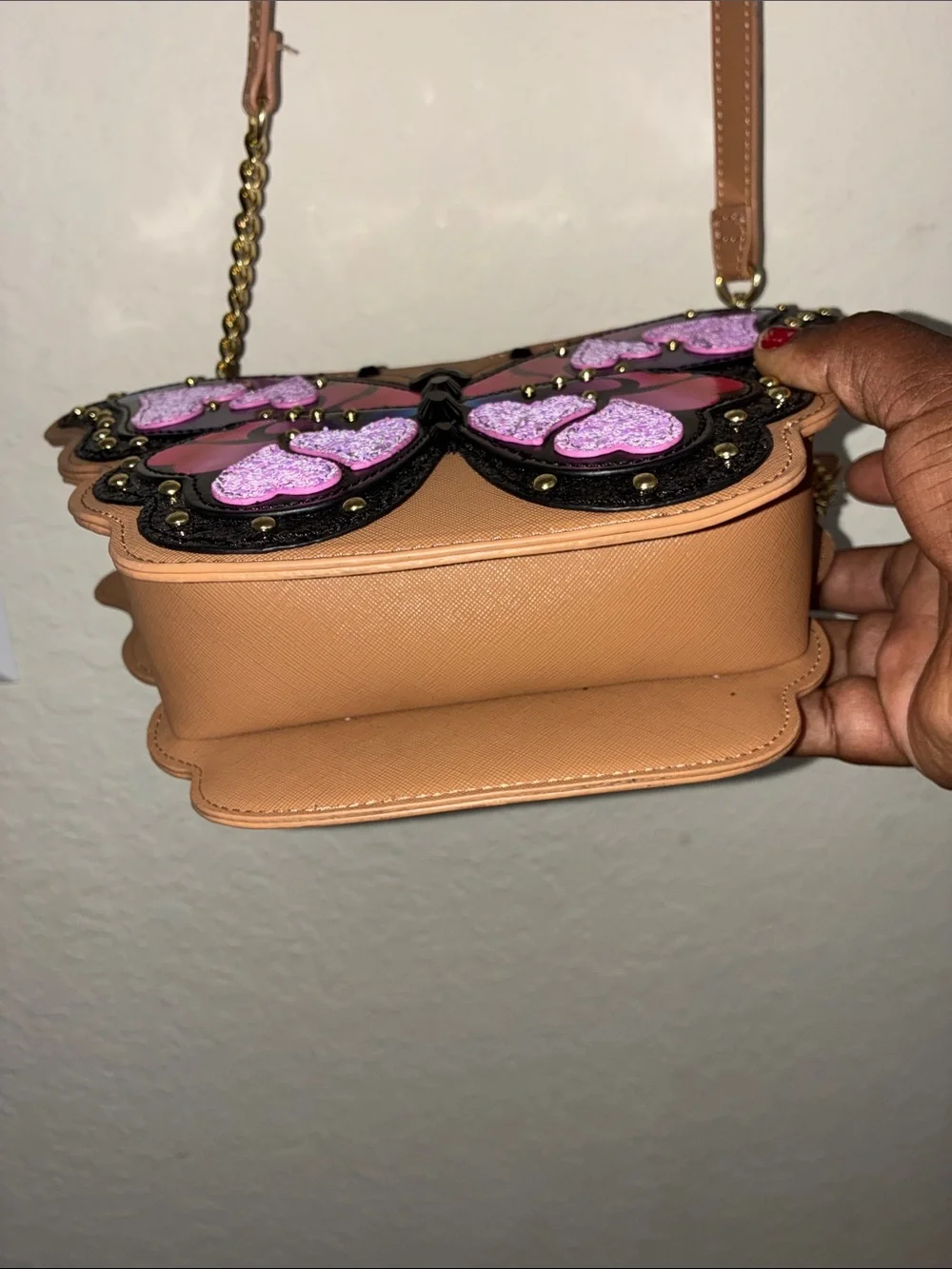 Betsey Johnson Tan Crossbody Bag with Purple, Pink and Blue Butterfly